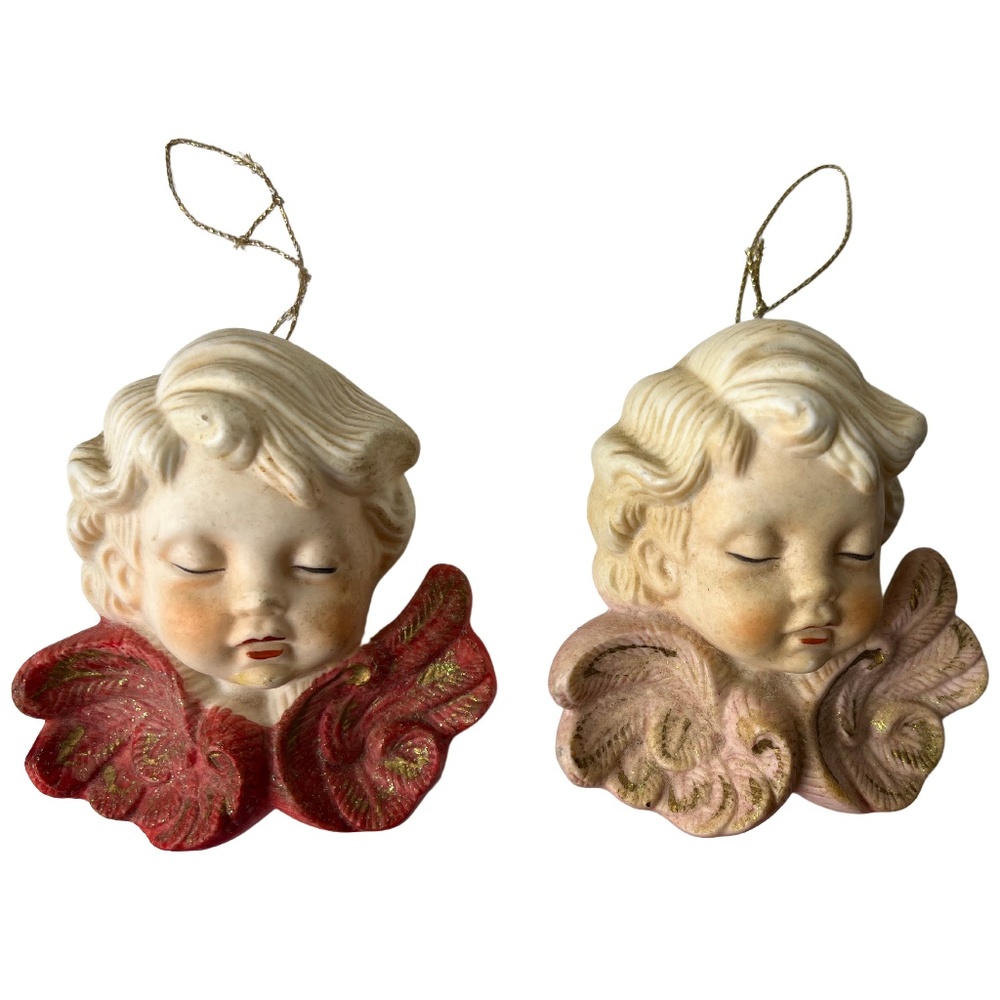 Two Vintage Christmas Cherub Angel Ornament Bisque Porcelain